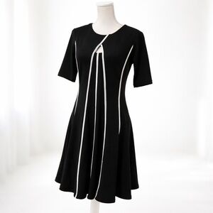 Danny & Nicole Black White Piped Fit Flare Career Midi Dress 10 Business Casual